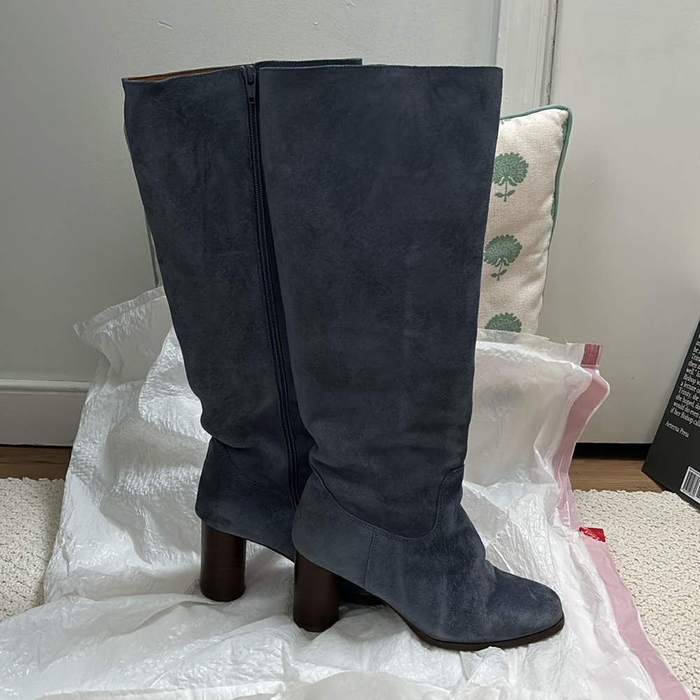 Sezane Teddy Boots in Denim, Split Cowhide Leather, Size 37